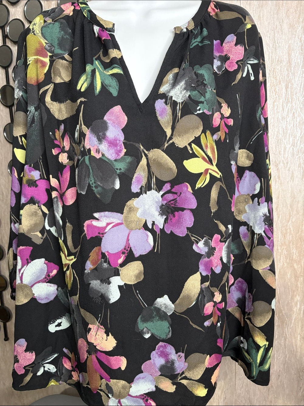 Ava & Viv Black Floral Split-Neck Blouse with Pink, Purple & Gold Accents